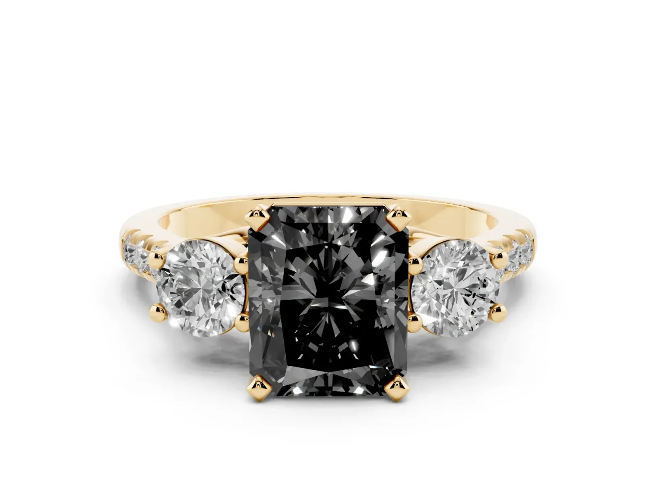 Fancy Black Three-Stone Radiant Cut Diamond Pavé Band Ring Set in Yellow gold with Prong-Set Trio