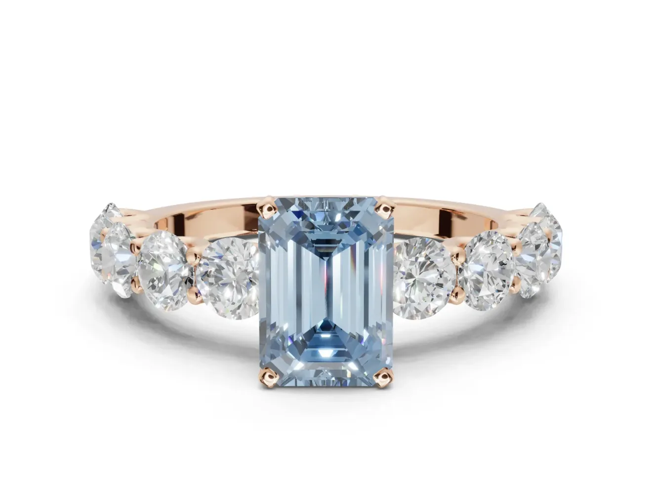 Emerald Cut Side Stone Engagement Ring Setting for a Fancy Blue Lab-Grown Diamond | Scalloped Prong Accents | Rose Gold