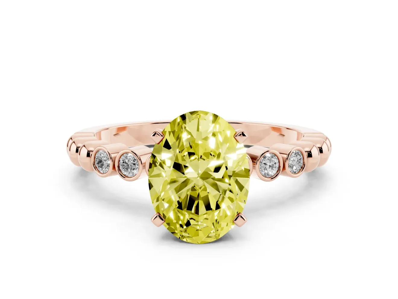 Fancy Yellow Oval Cut Diamond Solitaire Engagement Ring Set in Rose gold with Bezel Accents on Beaded Band