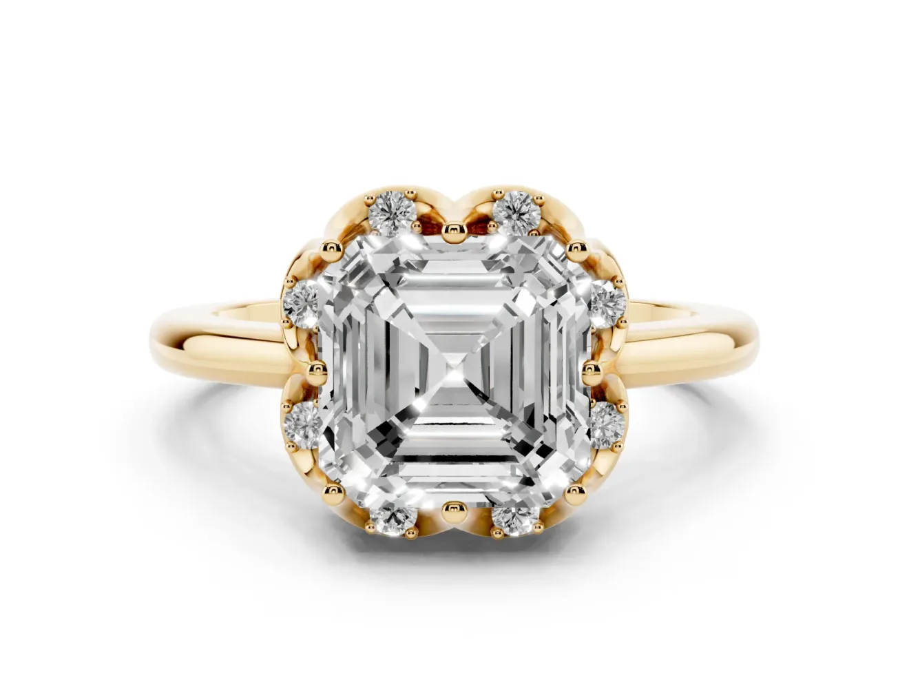 Asscher Cut Scalloped Petal Halo Engagement Ring Setting | Plain Band | Yellow Gold