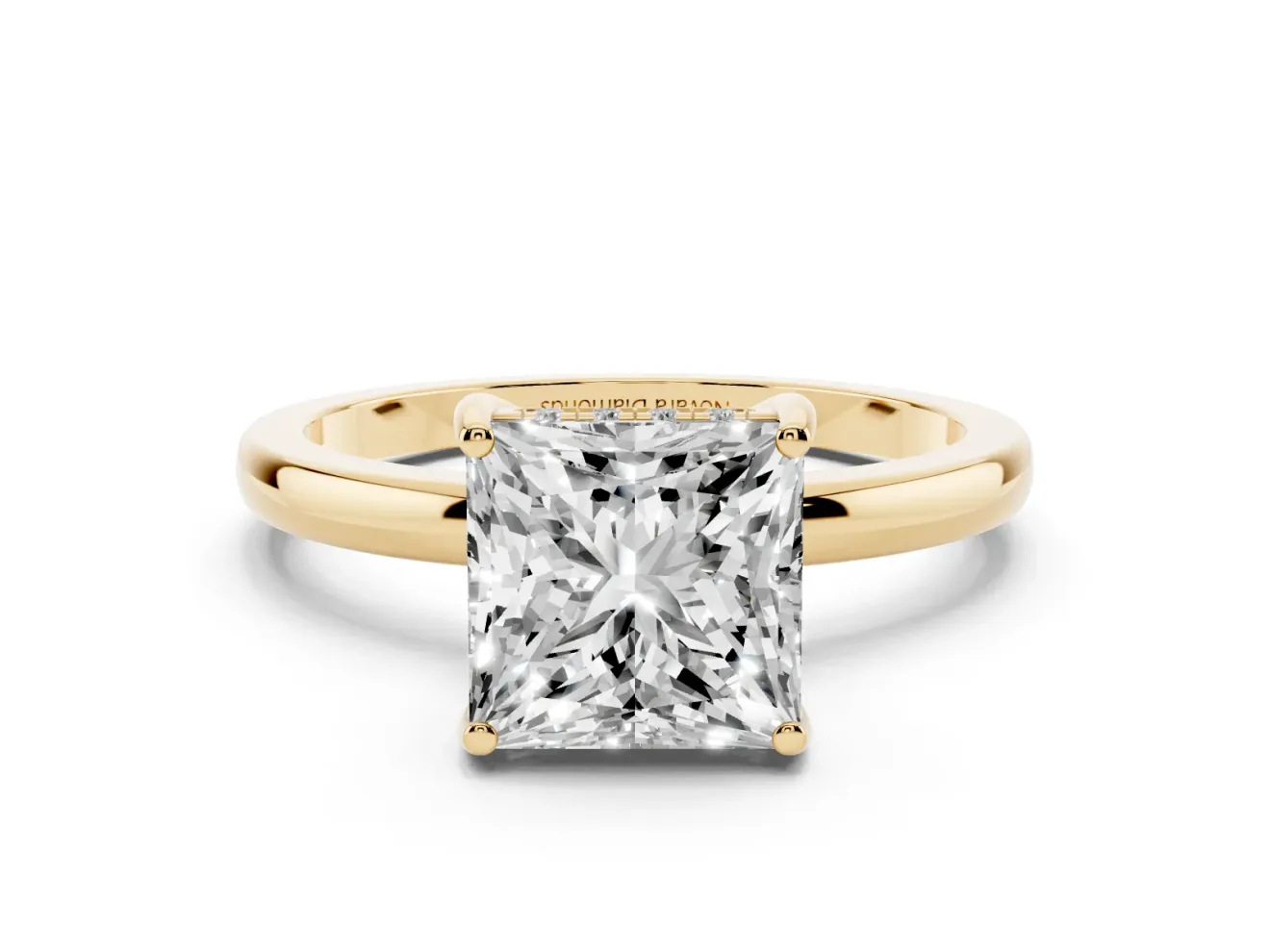 Princess Cut Hidden Halo Solitaire Engagement Ring Setting | Thin Wire Band | Yellow Gold