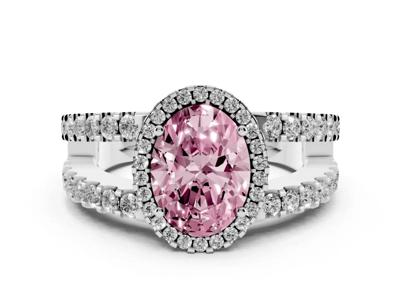 Fancy Pink Oval Cut Diamond Halo Ring Set in White gold with Pavé Split Shank and Prong Setting