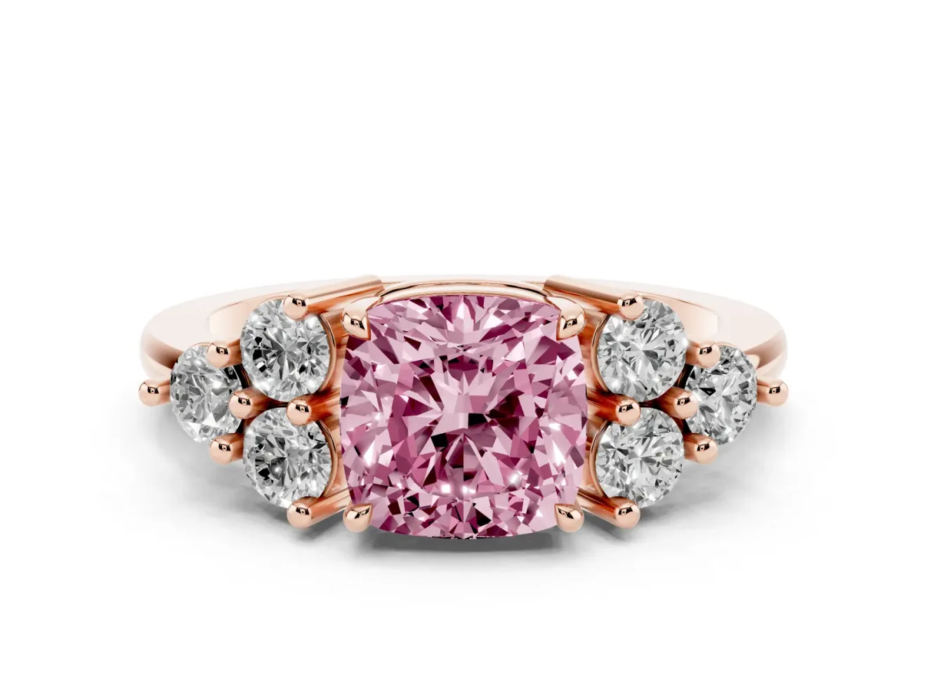 Cushion Cut Cluster Side Stone Engagement Ring Setting for a Fancy Pink Lab-Grown Diamond | Plain Band | Rose Gold