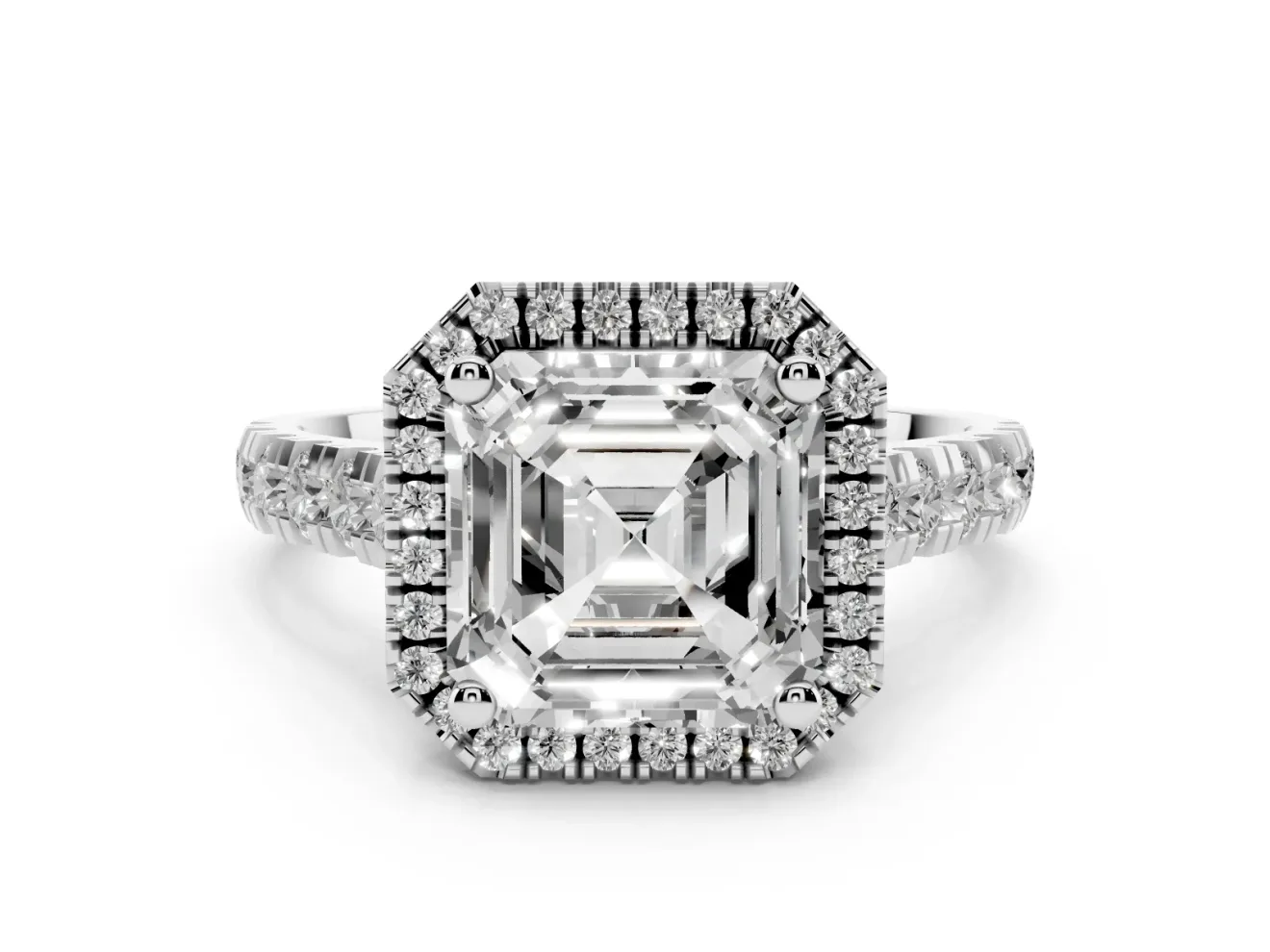 Asscher Cut Halo Engagement Ring Setting | Shared Prong Shoulders | White Gold