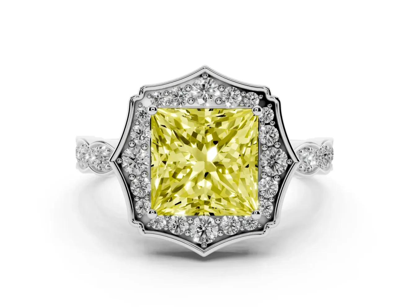 Princess Cut Scalloped Halo Engagement Ring Setting for a Fancy Yellow Lab-Grown Diamond | Pave Band | White Gold