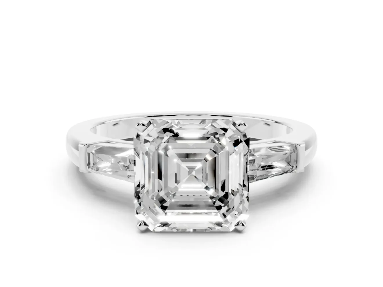 Asscher Cut Three Stone Engagement Ring Setting | Tapered Baguettes | White Gold