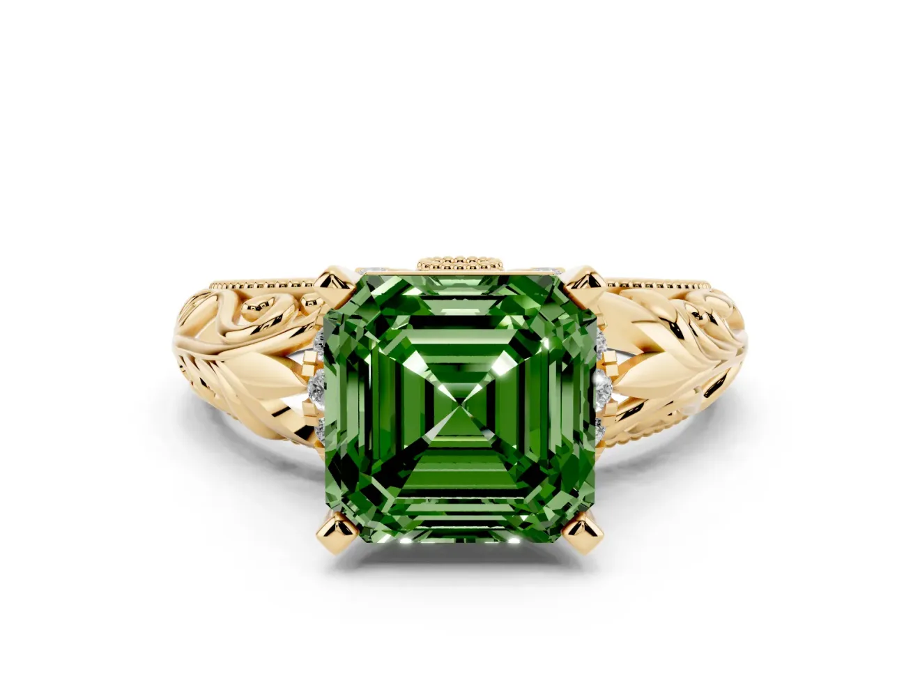 Asscher Cut Filigree Engagement Ring Setting for a Fancy Green Lab-Grown Diamond | Yellow Gold