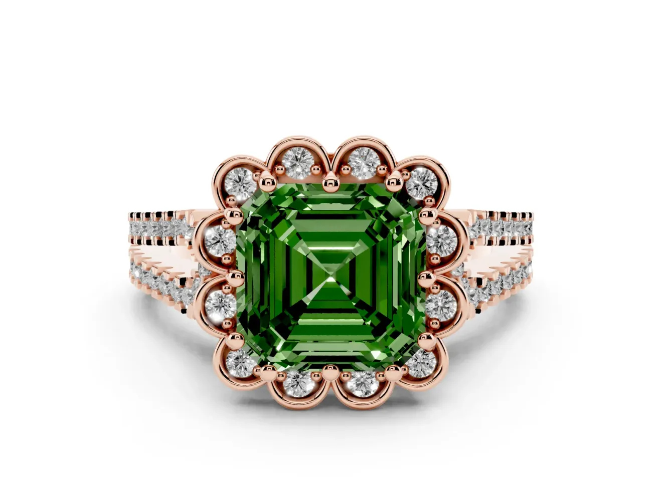 Asscher Cut Floral Halo Engagement Ring Setting for a Fancy Green Lab-Grown Diamond | Pavé Split Shank | Rose Gold