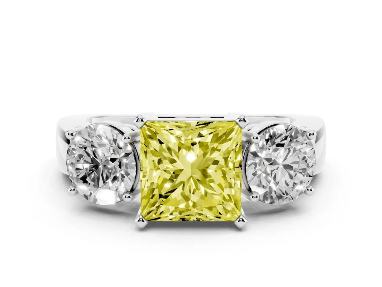 Princess Cut Three Stone Engagement Ring Setting for a Fancy Yellow Lab-Grown Diamond | Wide Plain Band | Platinum