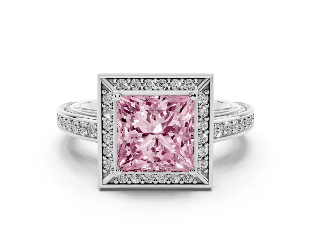 Fancy Pink Princess Cut Diamond Halo Pavé Split Shank Ring Set in White gold with Prong Setting