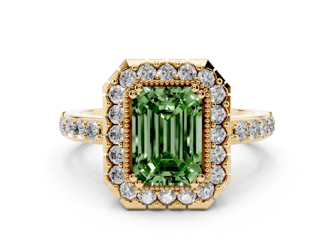 Emerald Cut Milgrain Halo Engagement Ring Setting for a Fancy Green Lab-Grown Diamond | Pavé Shoulders | Yellow Gold