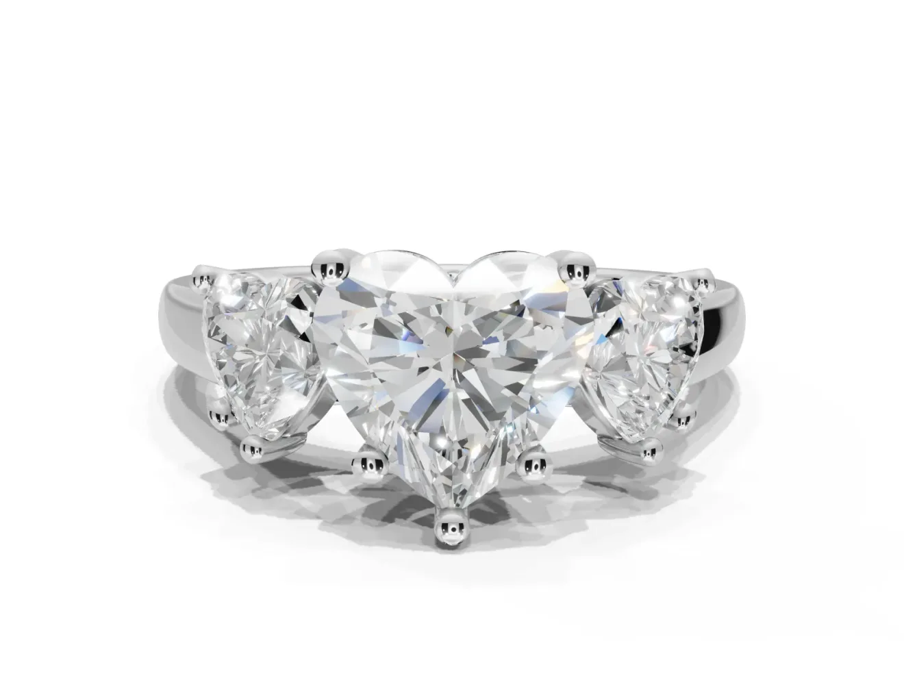 Heart-Shaped Three Stone Engagement Ring Setting | Wide Tapered Shoulders | Sterling Silver