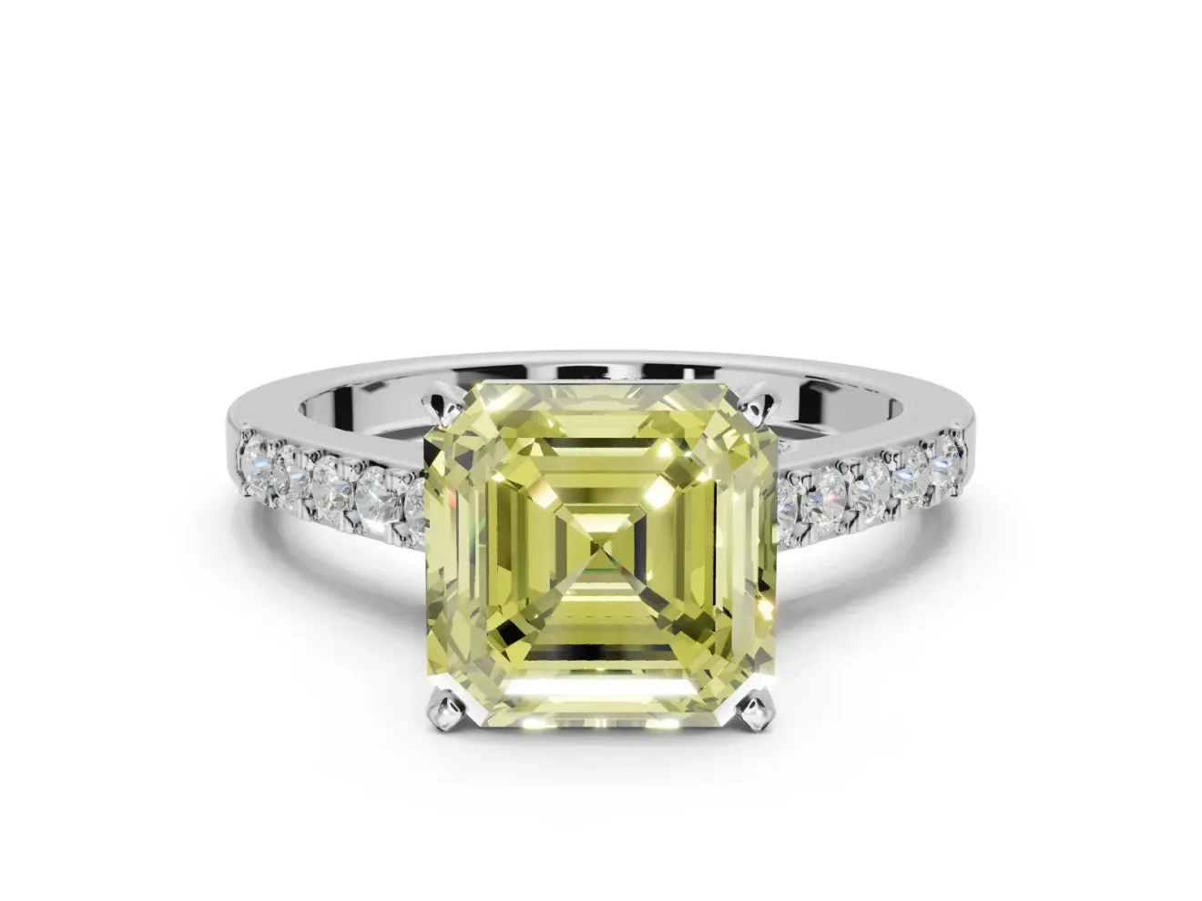 Asscher Cut Pavé Solitaire Engagement Ring Setting for a Fancy Yellow Lab-Grown Diamond | Crossover Gallery | White Gold
