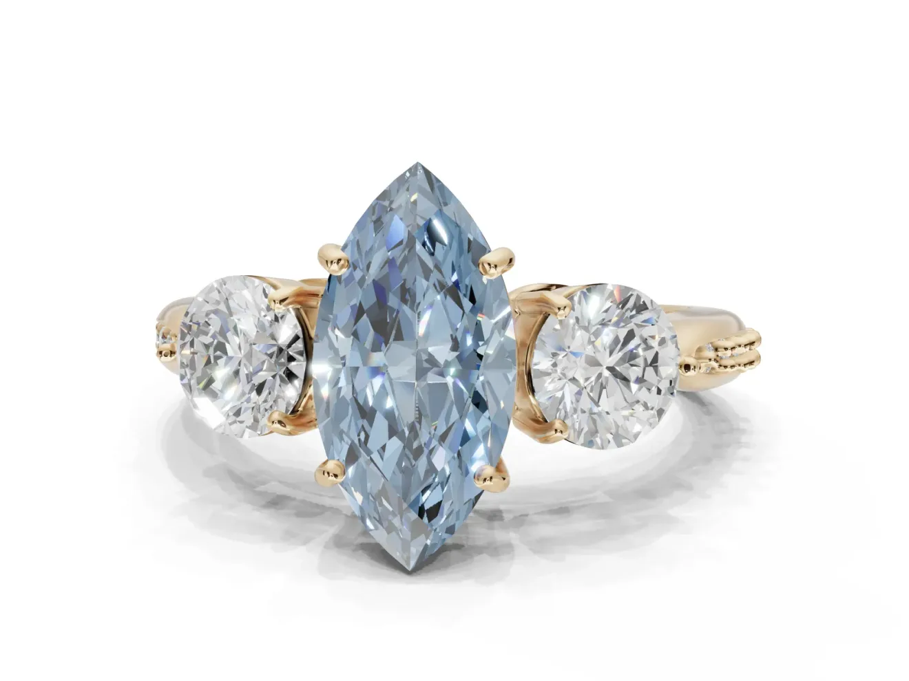 Marquise Three Stone Engagement Ring Setting for a Fancy Blue Lab-Grown Diamond | Tapered Pave Band | Yellow Gold