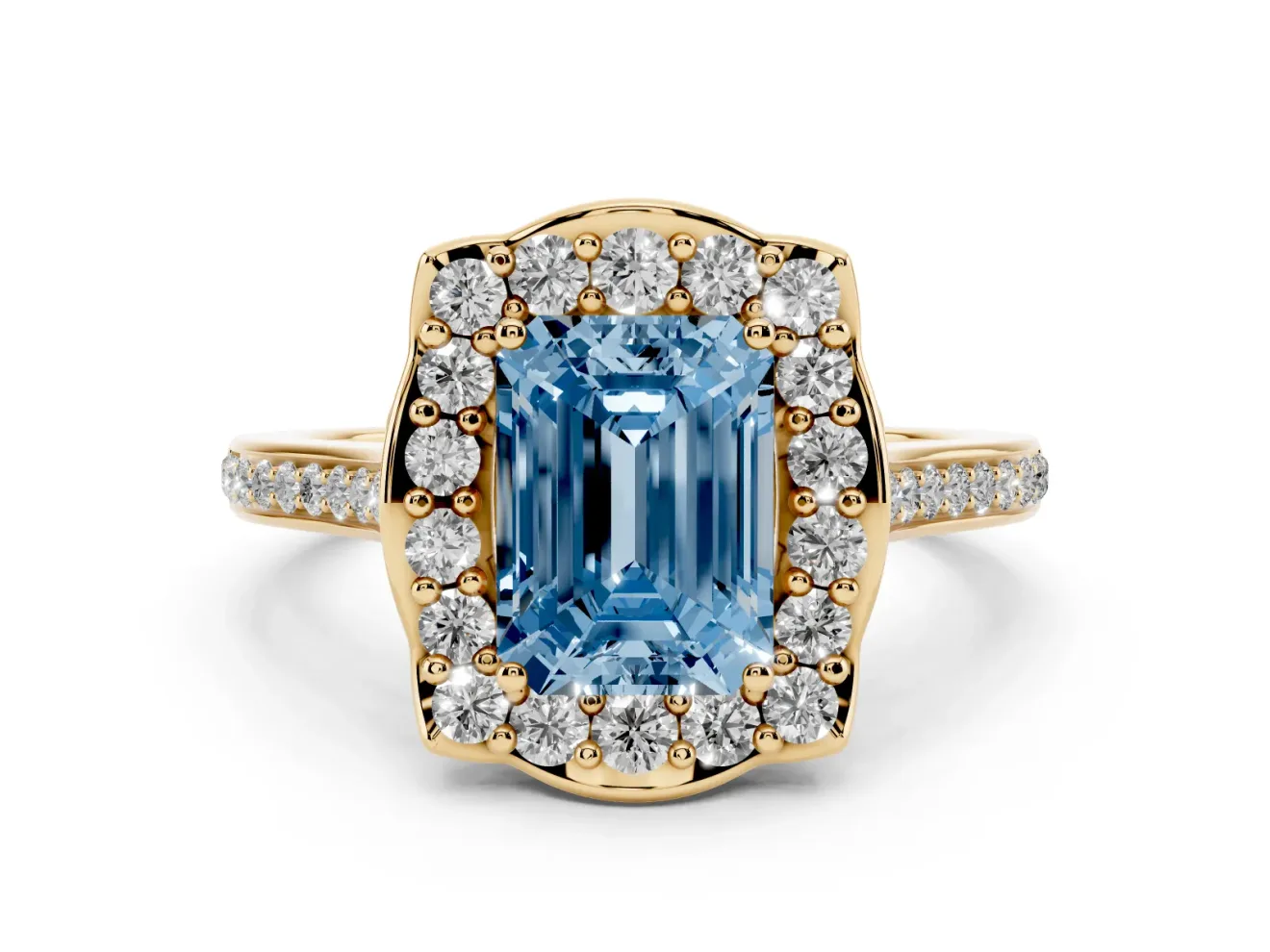 Emerald Cut Petal Tip Halo Engagement Ring Setting for a Fancy Blue Lab-Grown Diamond | Pavé Band | Yellow Gold