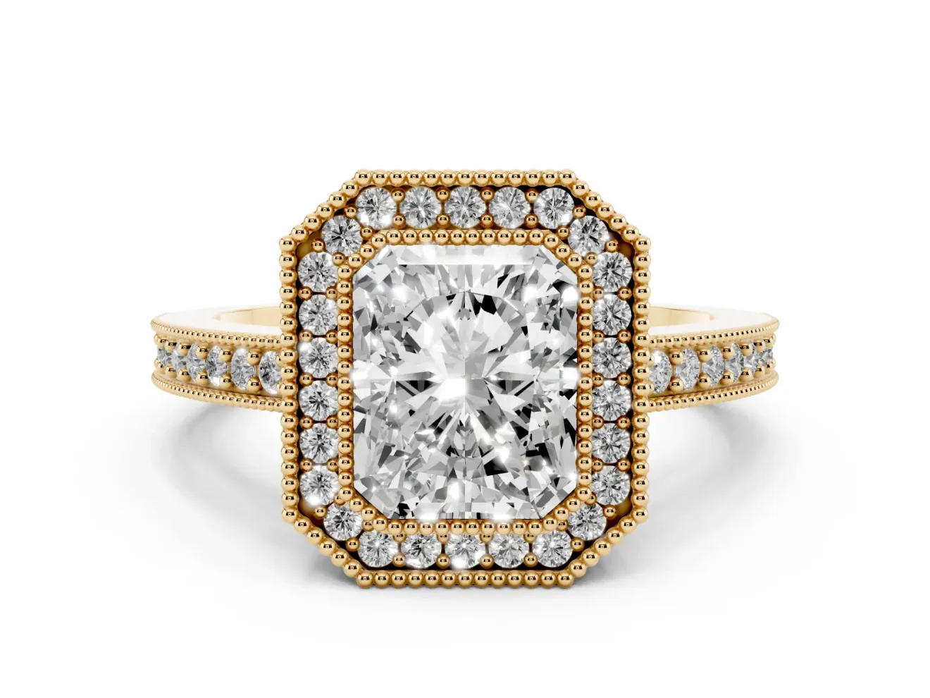 Radiant Cut Milgrain Halo Engagement Ring Setting | Pave Band | Yellow Gold