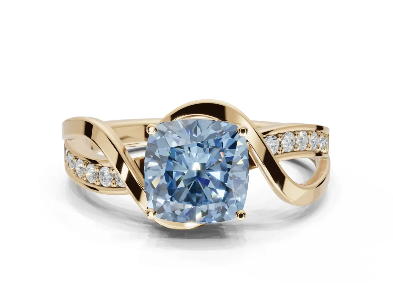 Cushion Cut Bypass Solitaire Engagement Ring Setting for a Fancy Blue Lab-Grown Diamond | Pavé Strands | Yellow Gold