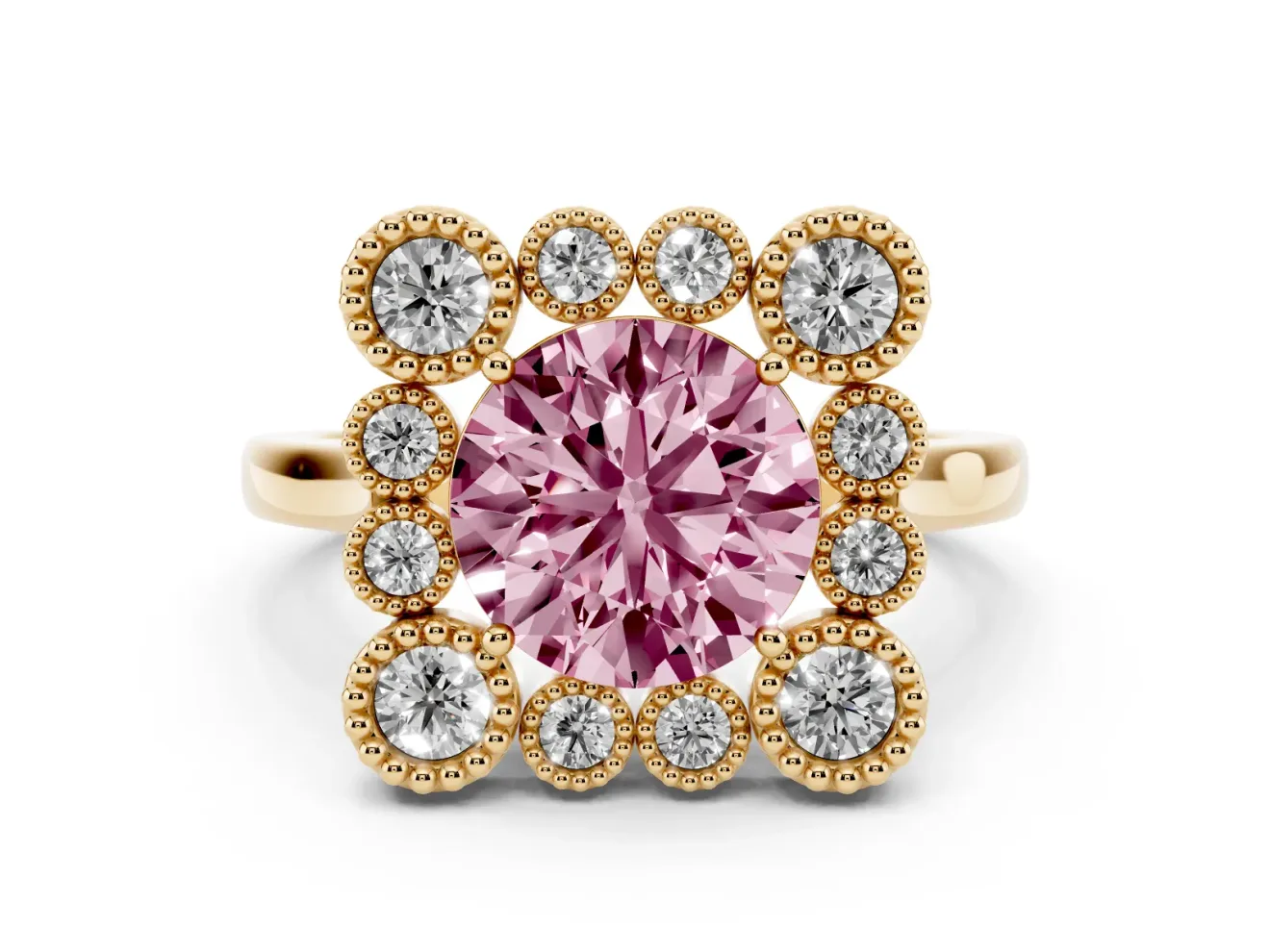 Round Milgrain Cluster Halo Engagement Ring Setting for a Fancy Pink Lab-Grown Diamond | Plain Band | Yellow Gold