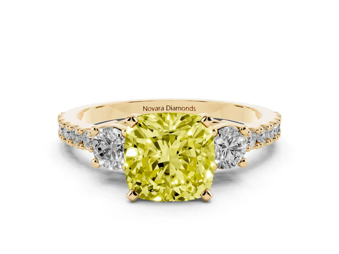 Fancy Yellow Three-Stone Cushion Cut Diamond Pavé Band Ring Set in Yellow gold with Prong Setting