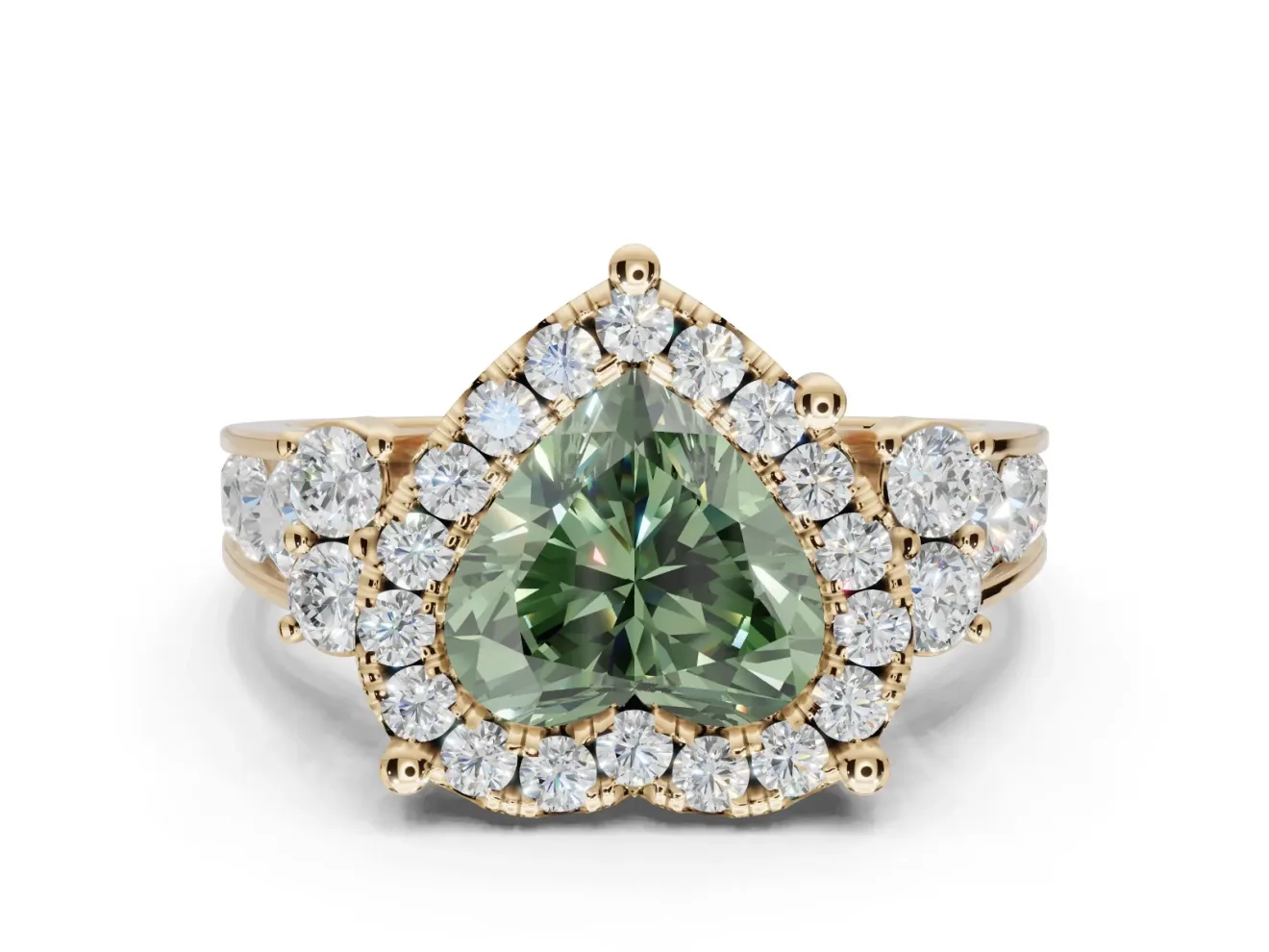 Heart-Shaped Halo Engagement Ring Setting for a Fancy Green Lab-Grown Diamond | Graduated Channel Band | Yellow Gold