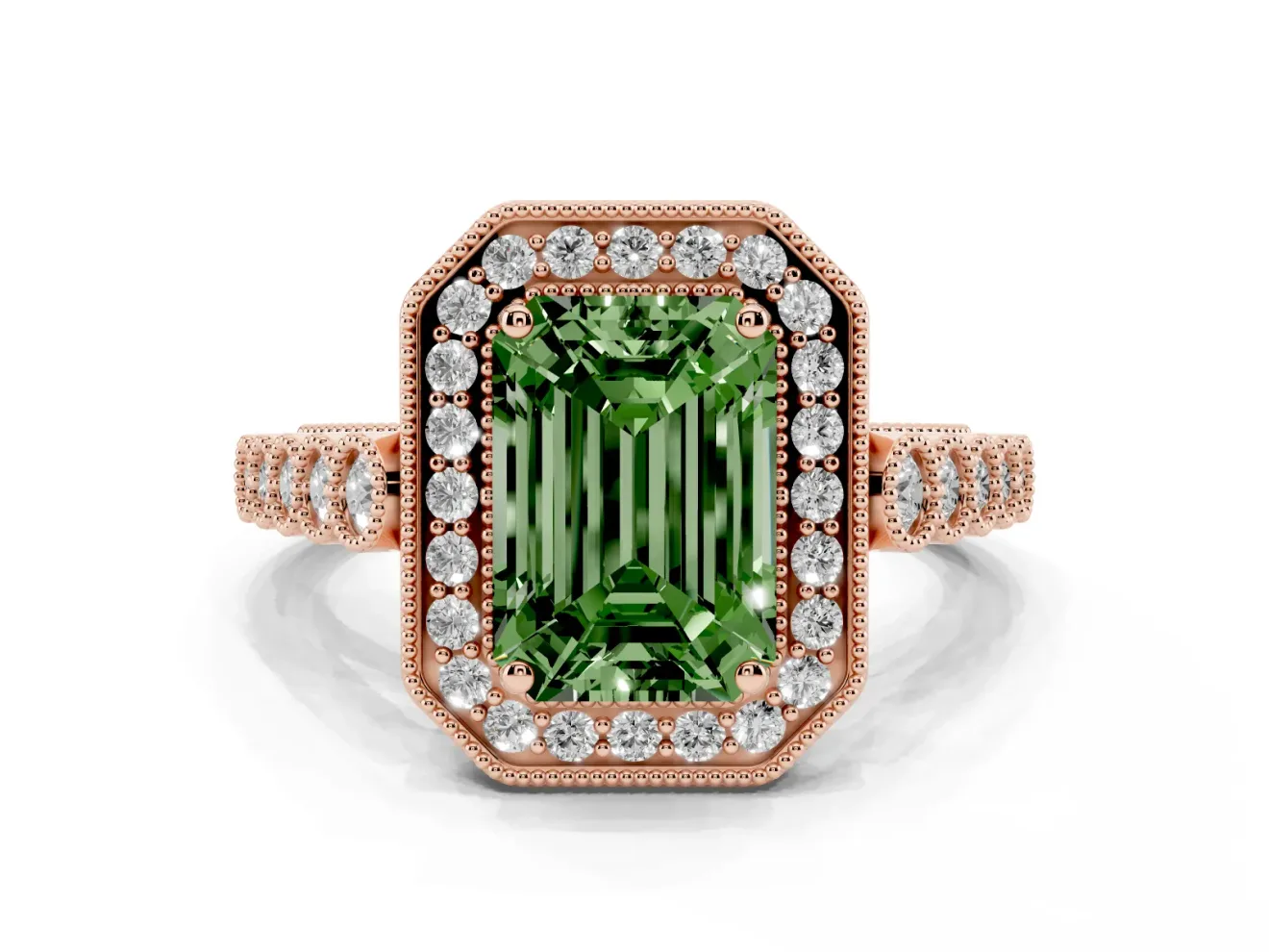 Emerald Cut Graduated Milgrain Halo Engagement Ring Setting for a Fancy Green Lab-Grown Diamond | Rose Gold