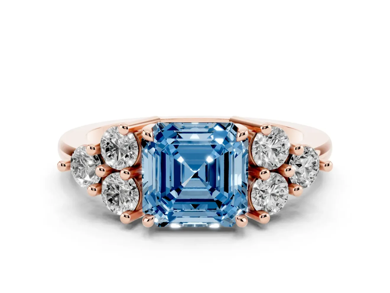 Fancy Blue Asscher Cut Diamond Solitaire Ring Set in Rose gold with Cluster Accents on Each Side