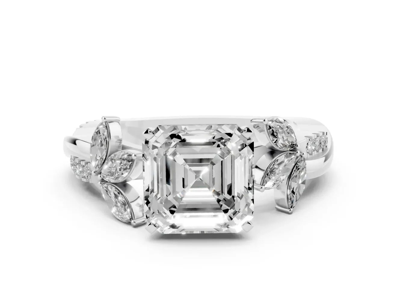 Asscher Cut Diamond Floral Vine Solitaire Engagement Ring Set in Platinum with Marquise Leaves