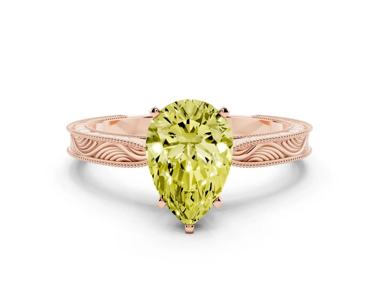 Fancy Yellow Pear Cut Diamond Solitaire Milgrain Engraved Band Set in Rose gold with Prong Setting