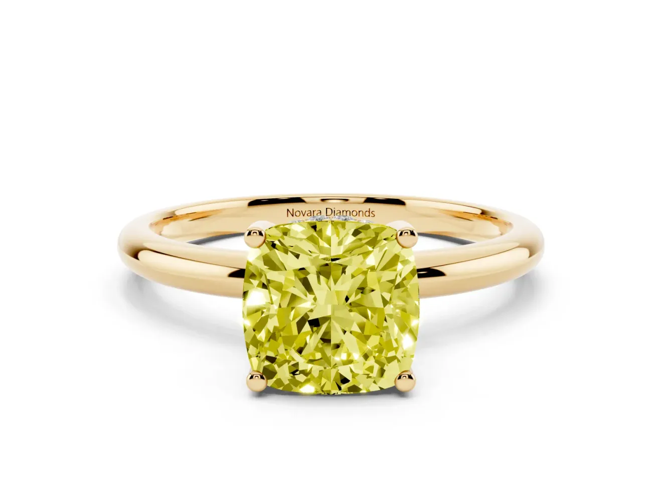 Fancy Yellow Cushion Cut Diamond Solitaire Engagement Ring Set in Yellow gold with Prong Setting and Polished Band