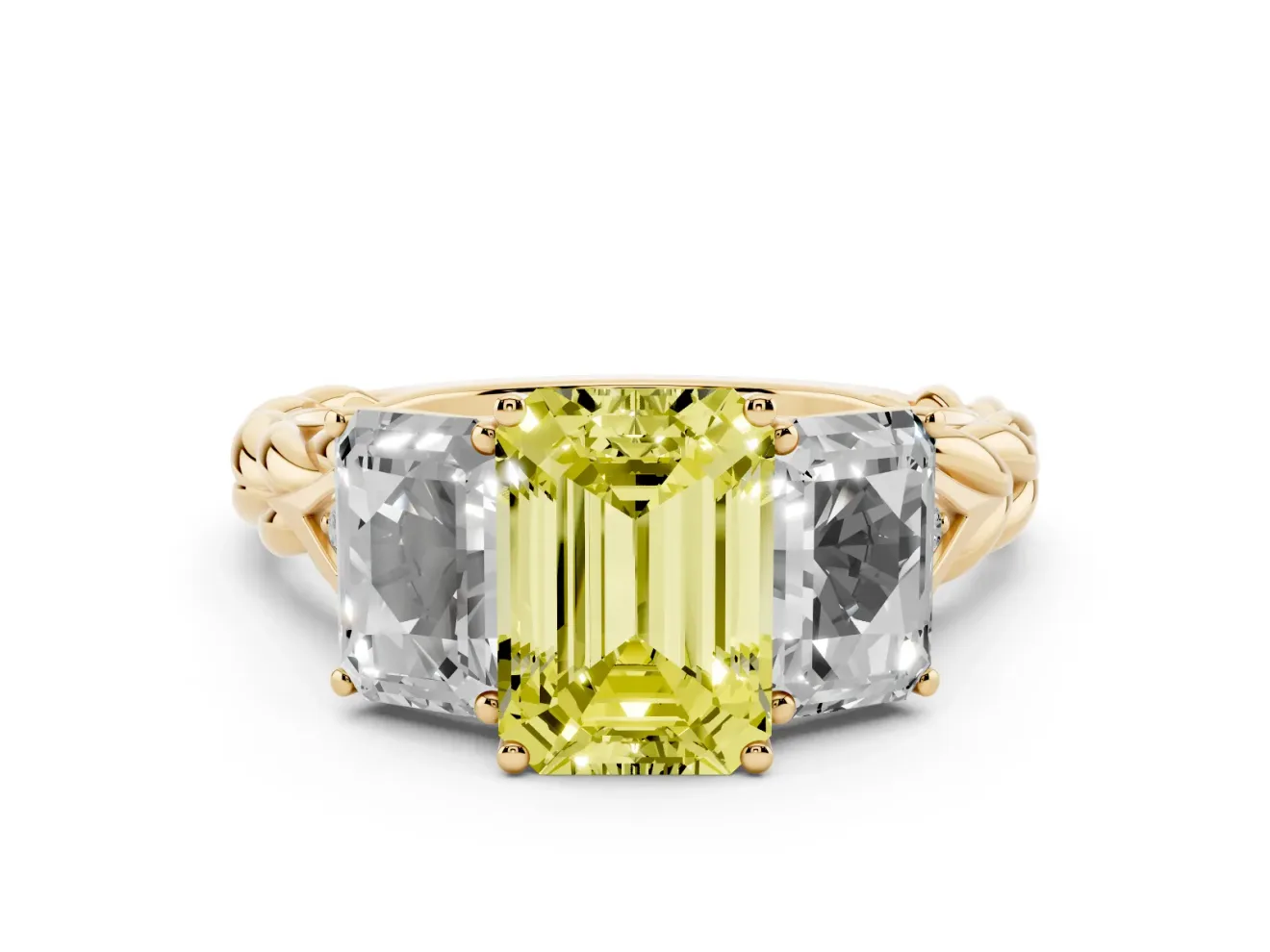 Emerald Cut Three Stone Engagement Ring Setting for a Fancy Yellow Lab-Grown Diamond | Braided Band | Yellow Gold