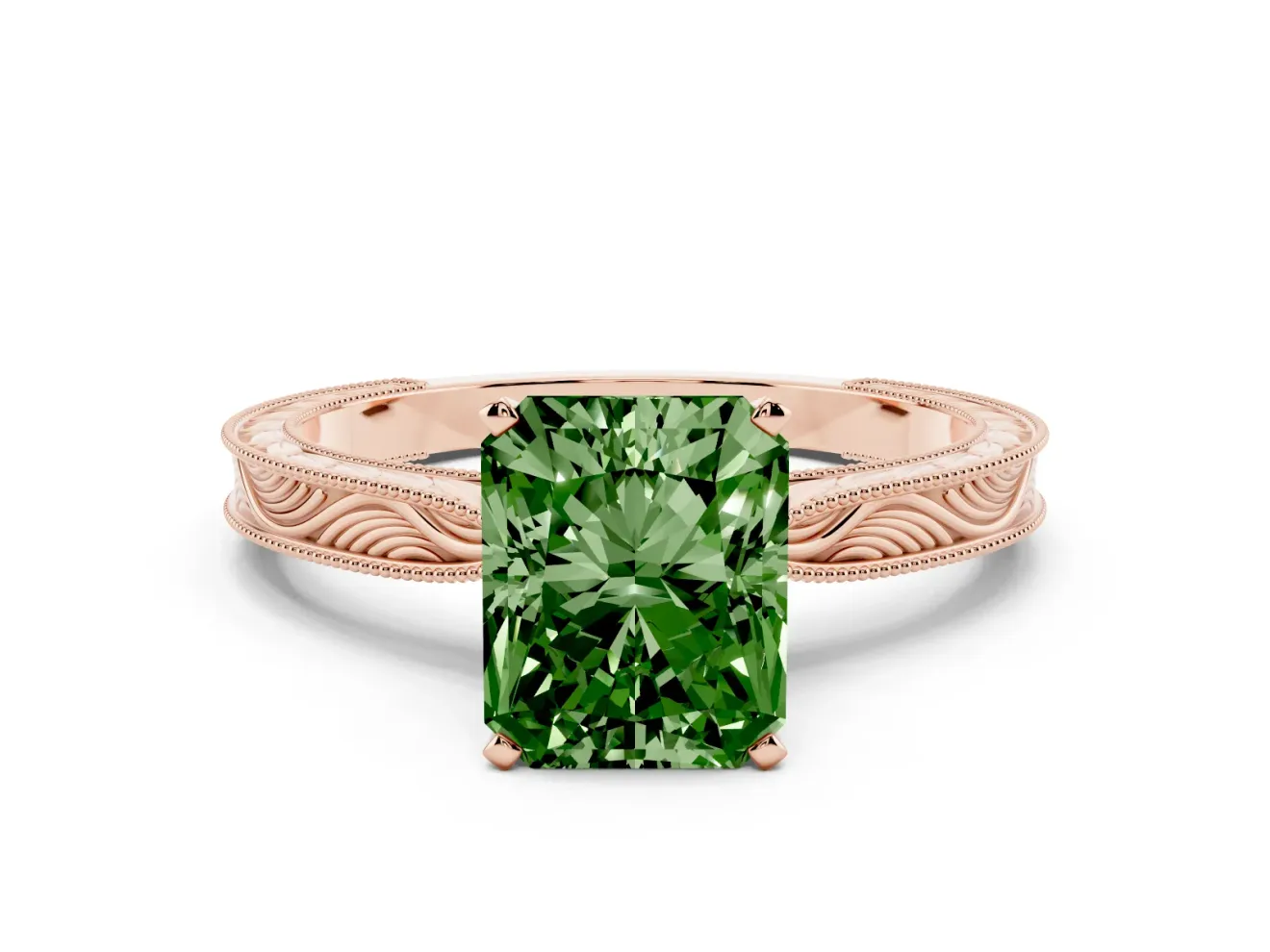 Radiant Cut Engraved Engagement Ring Setting for a Fancy Green Lab-Grown Diamond | Rose Gold