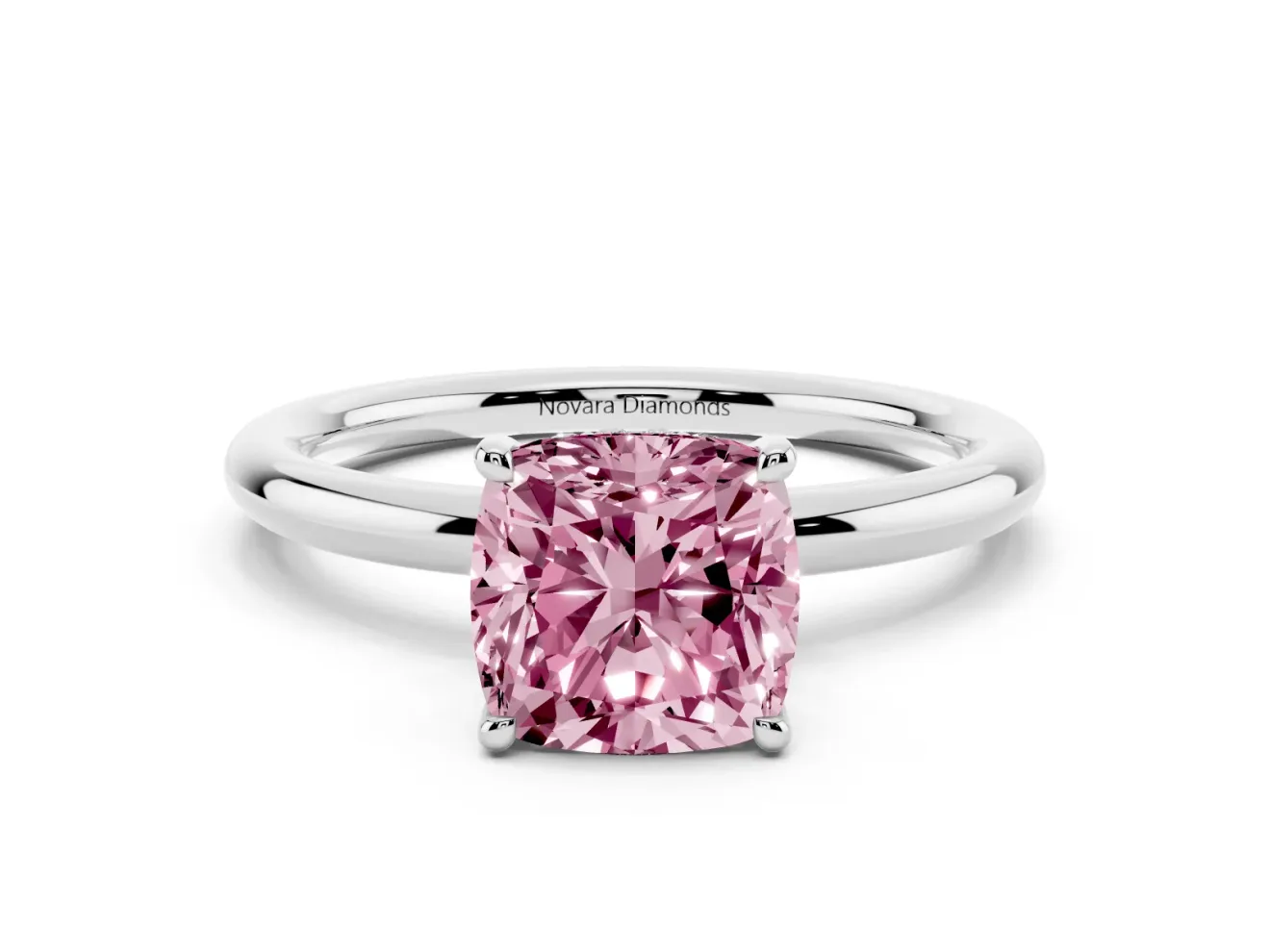 Fancy Pink Cushion Cut Diamond Solitaire Ring Set in Platinum with Thin Band and Prong Setting