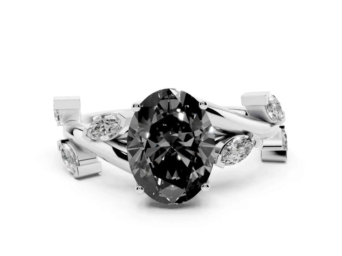 Oval Twisted Vine Engagement Ring Setting for a Black Center | Marquise Side Stones | Platinum
