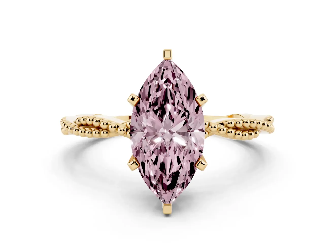 Fancy Pink Marquise Cut Diamond Solitaire Ring Set in Yellow gold with Twisted Band and Bead Prong Setting
