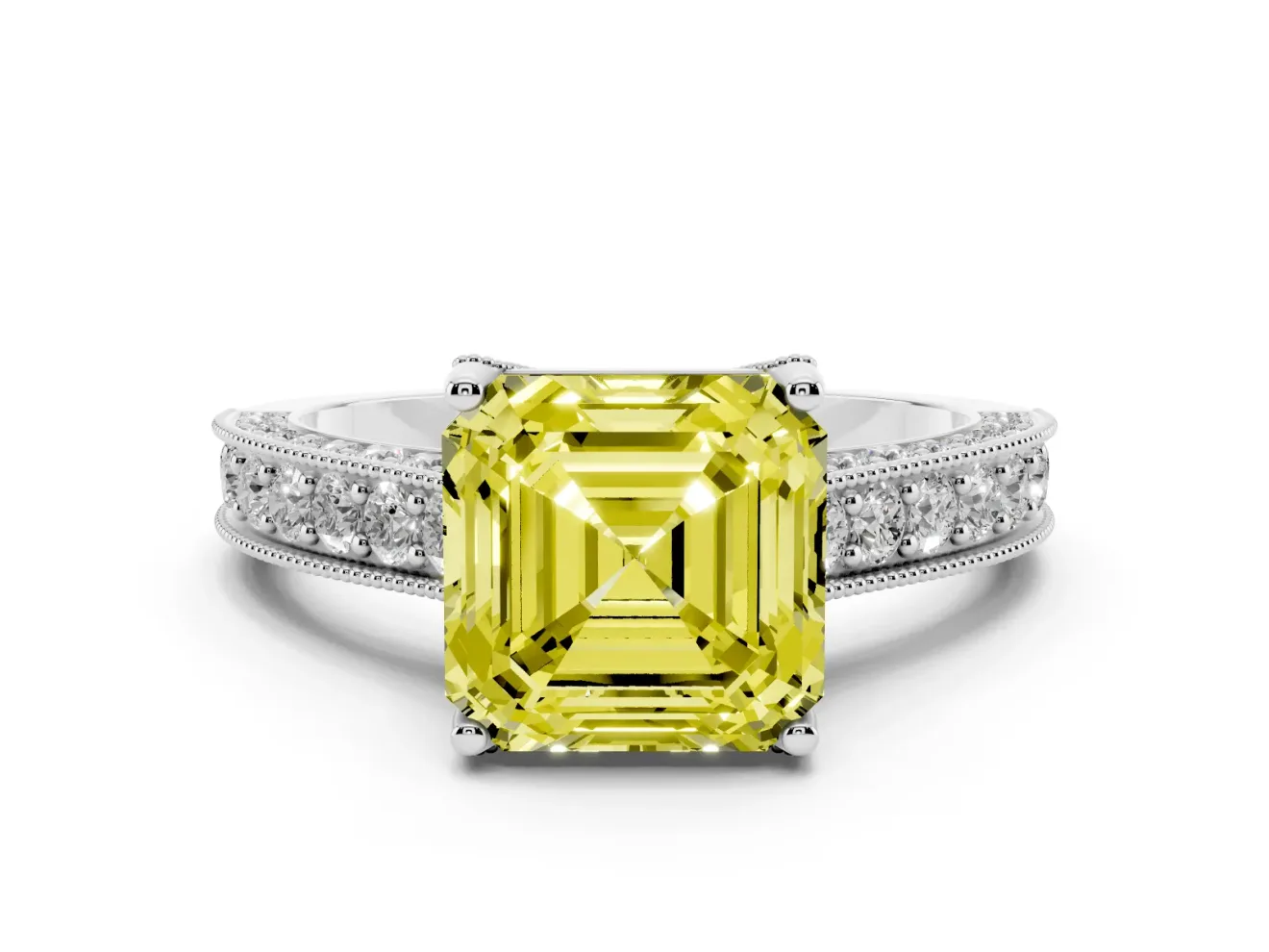 Asscher Cut Hidden Halo Engagement Ring Setting for a Fancy Yellow Lab-Grown Diamond | Milgrain Pave | White Gold