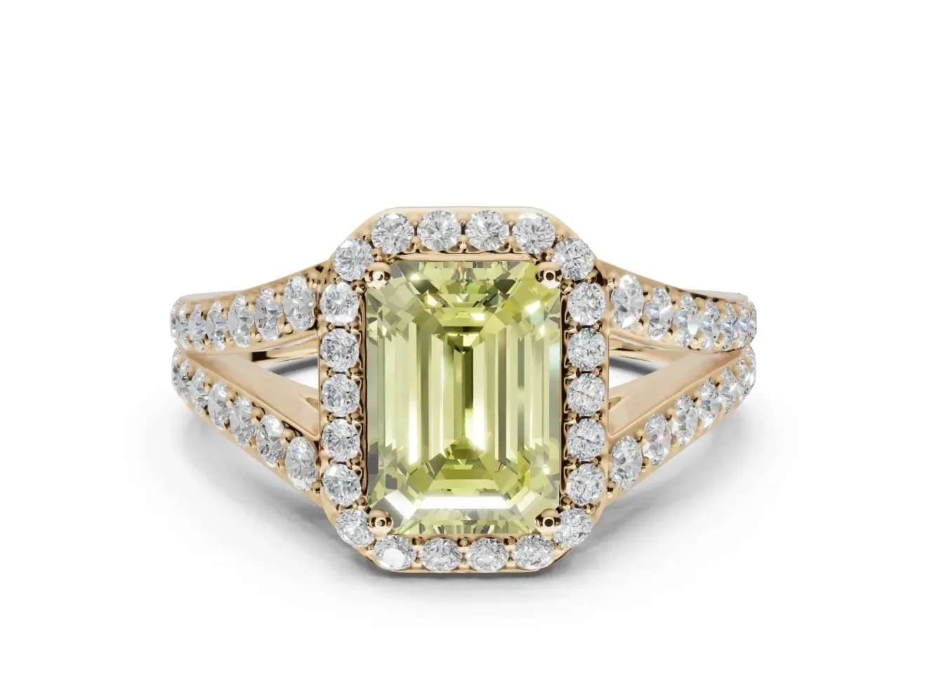 Emerald Cut Halo Pavé Engagement Ring Setting for a Fancy Yellow Lab-Grown Diamond | Narrow Split Shank | Yellow Gold