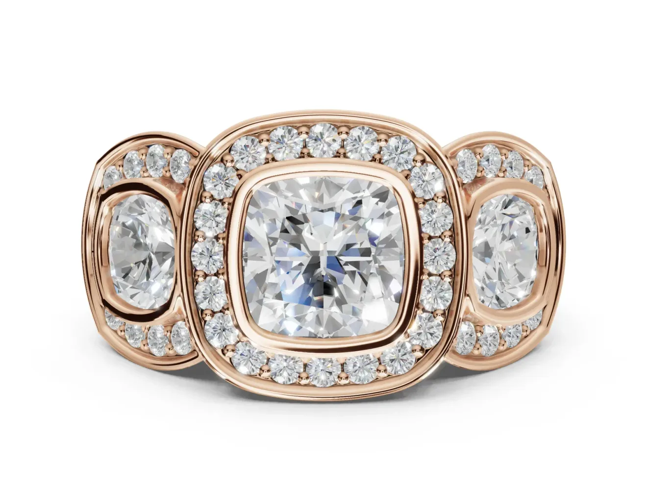 Cushion Cut Three Stone Halo Engagement Ring Setting | Bezel Set | Rose Gold
