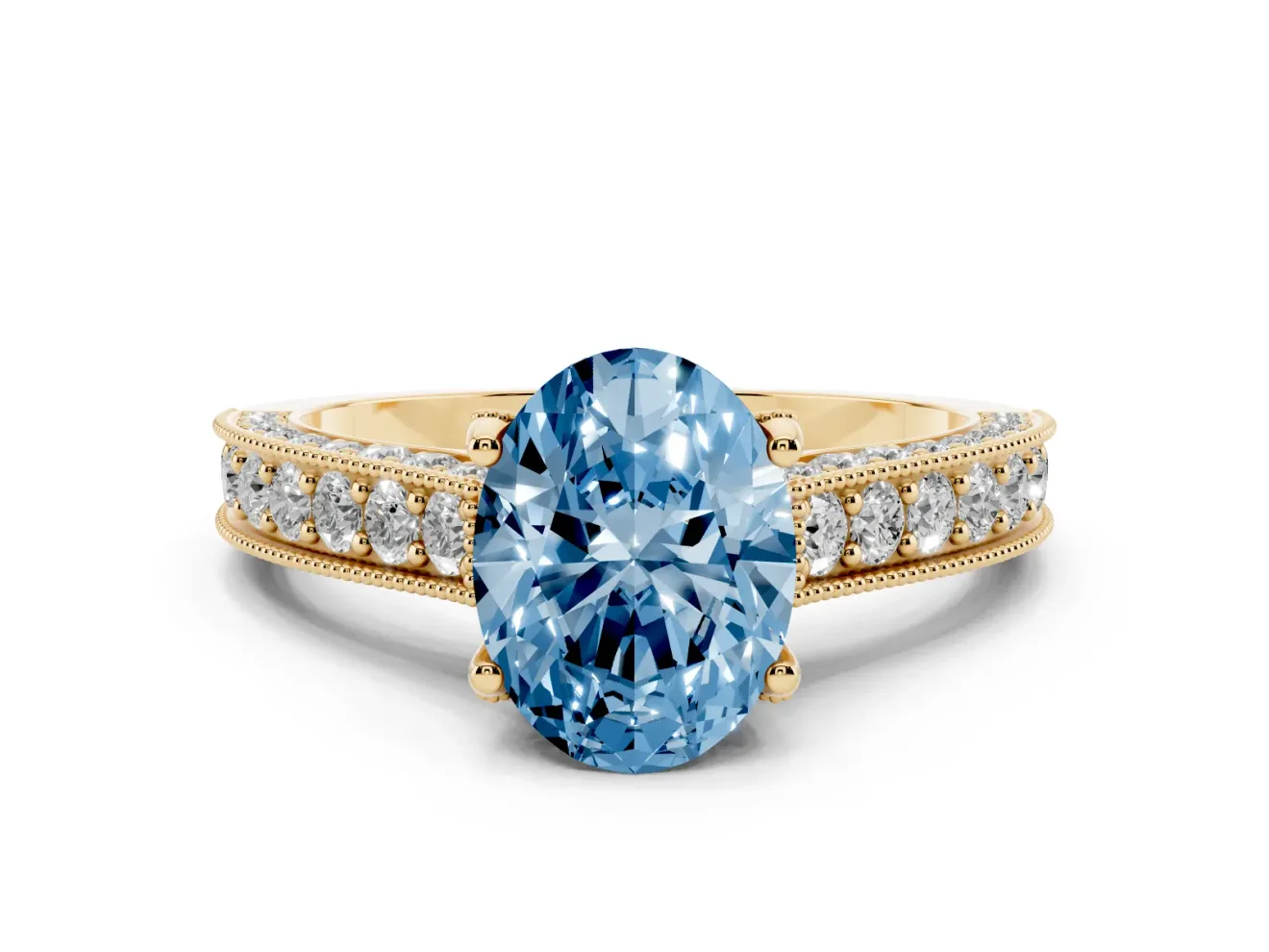 Oval Vintage Hidden Halo Engagement Ring Setting for a Fancy Blue Lab-Grown Diamond | Milgrain Pave Band | Yellow Gold