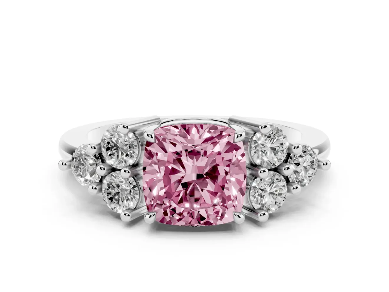 Fancy Pink Cushion Cut Diamond Solitaire Ring Set in Platinum with Cluster Accents on Each Side