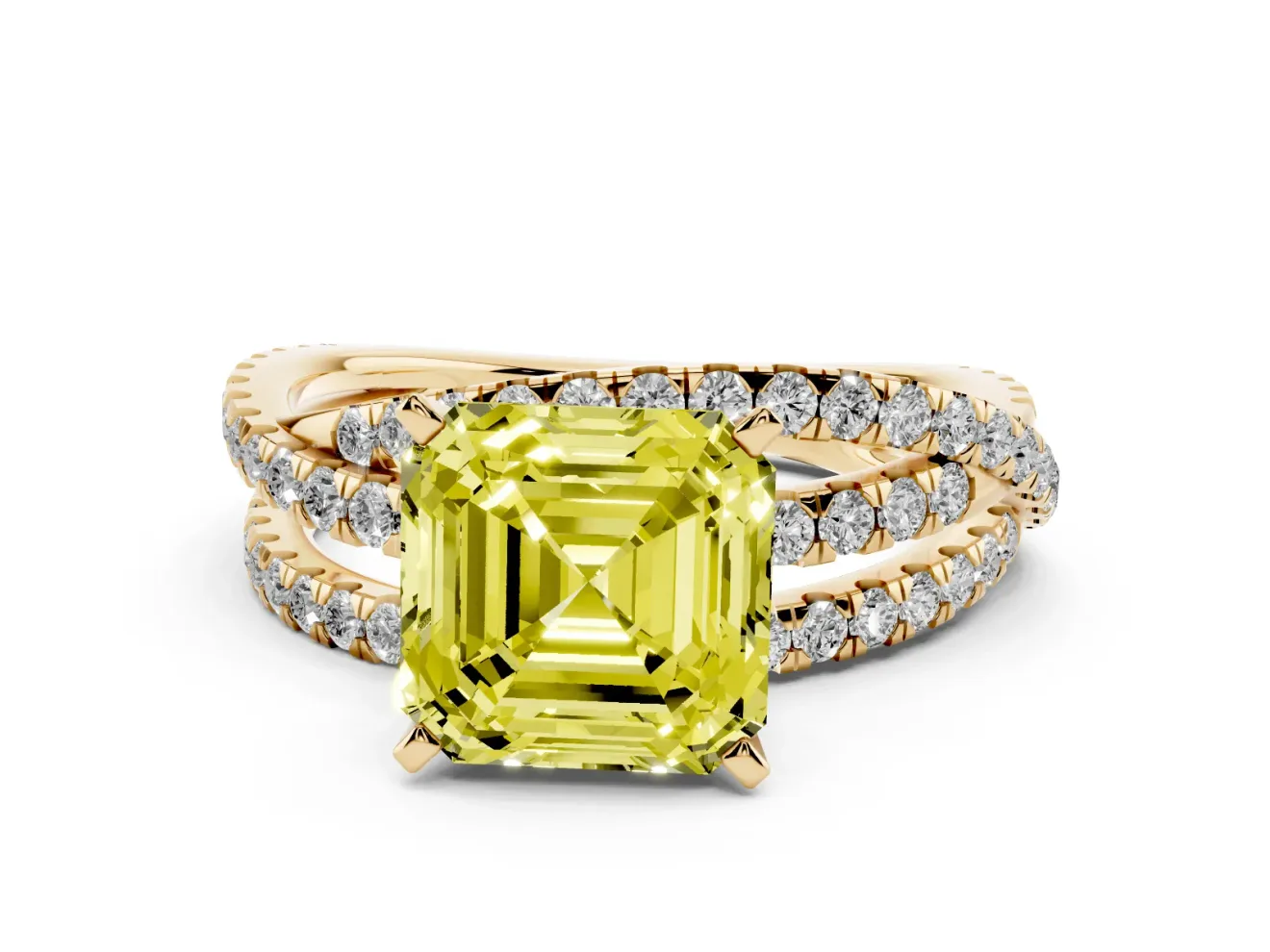 Fancy Yellow Asscher Cut Diamond Solitaire Twist Band Ring Set in Yellow gold with Pavé Setting and Prong Head
