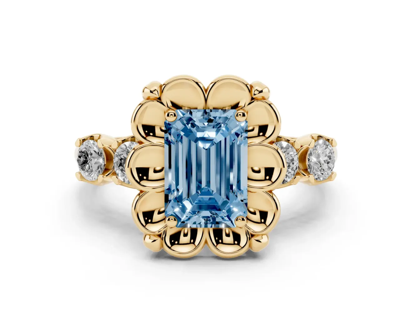 Emerald Cut Floral Engagement Ring Setting for a Fancy Blue Lab-Grown Diamond | Petal Frame | Yellow Gold