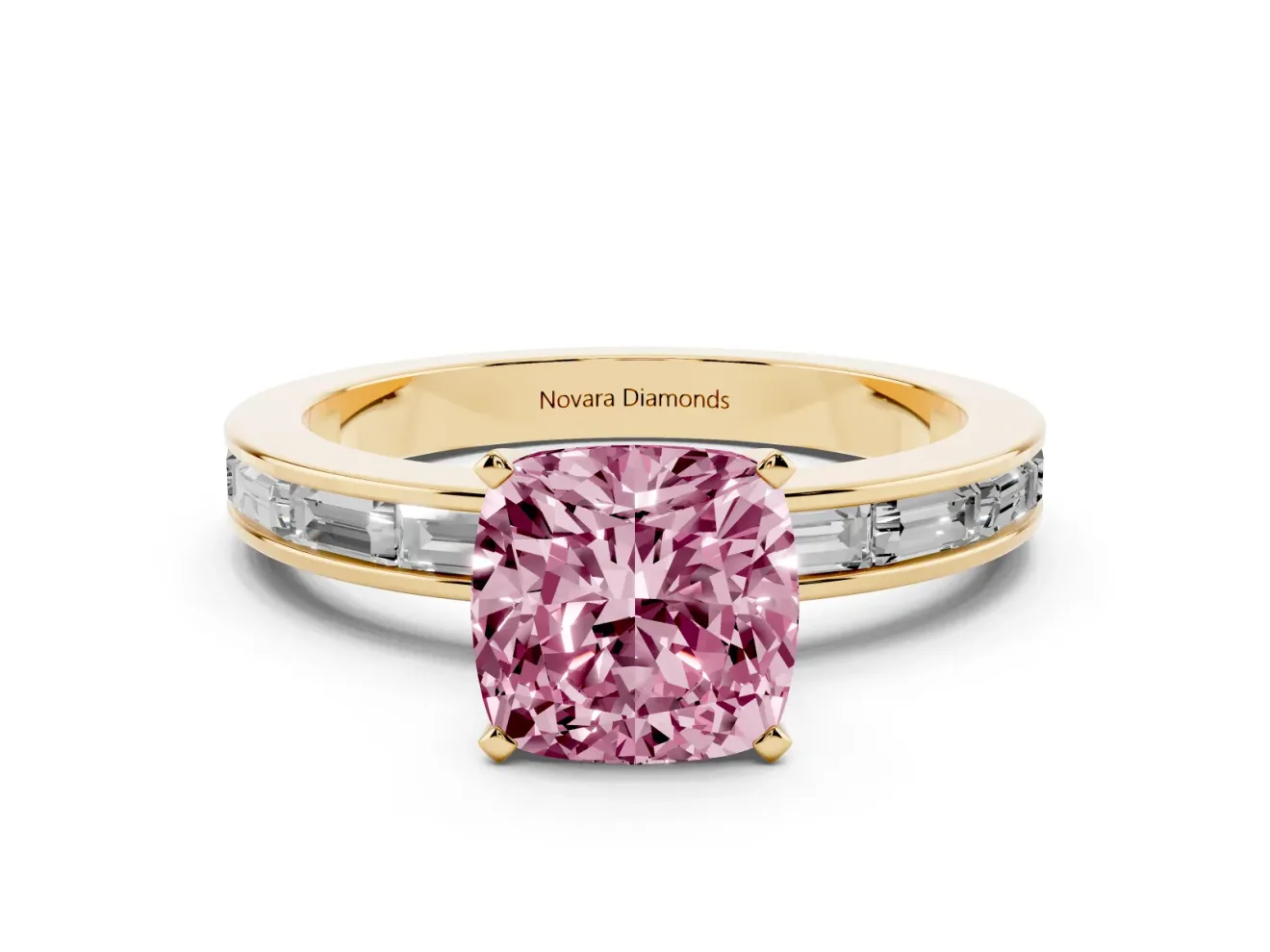 Fancy Pink Cushion Cut Diamond Solitaire Ring Set in Yellow gold with Channel-Set Baguette Band and Prong Setting