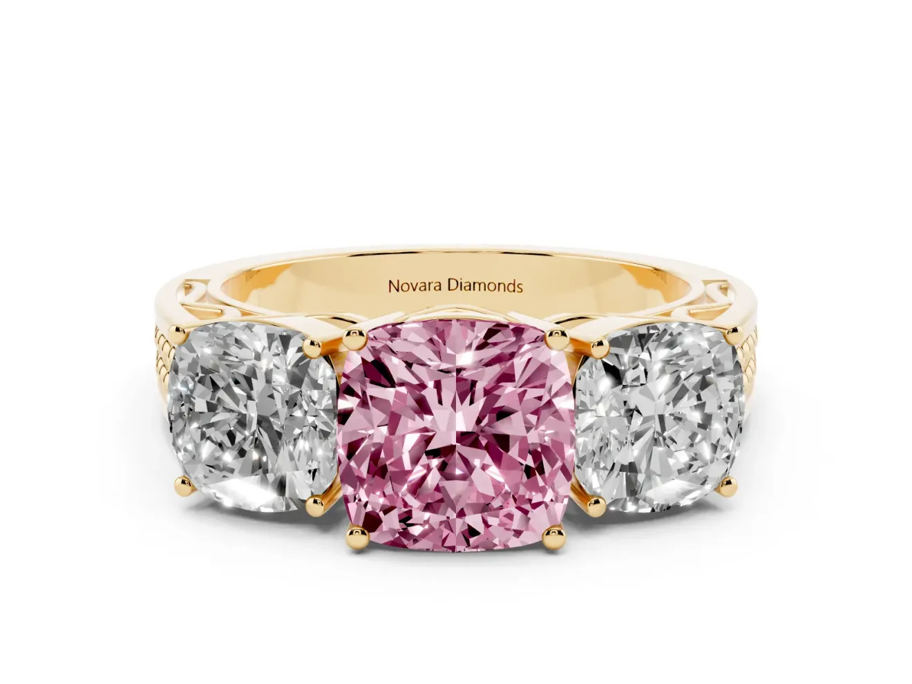 Cushion Cut Three Stone Engagement Ring Setting for a Fancy Pink Lab-Grown Diamond | Beaded Shoulders | Yellow Gold