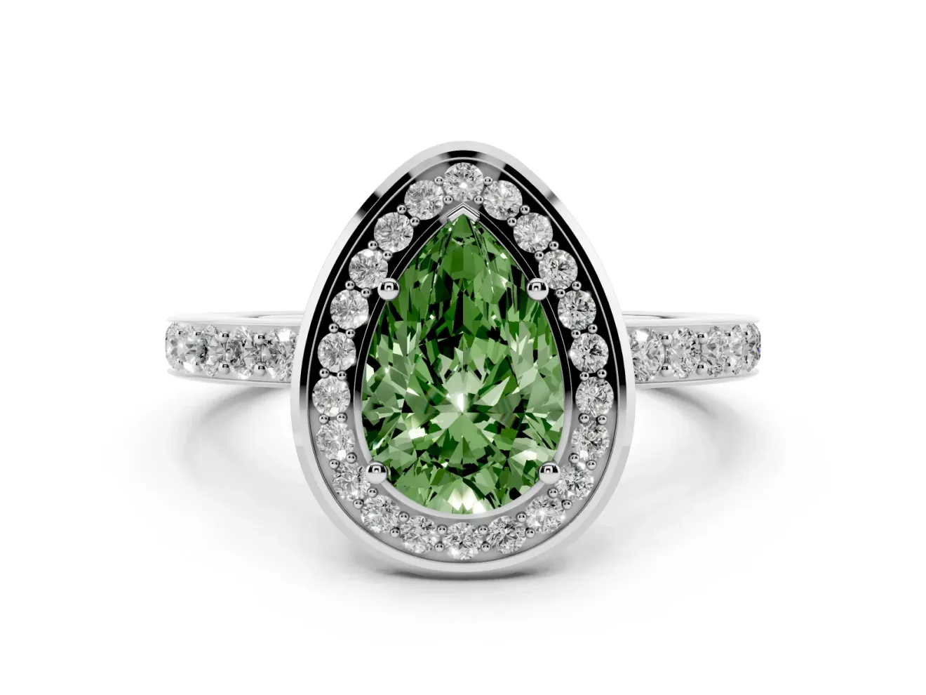 Fancy Green Pear Cut Diamond Halo Ring Set in Platinum with Bezel Frame and Pavé Band