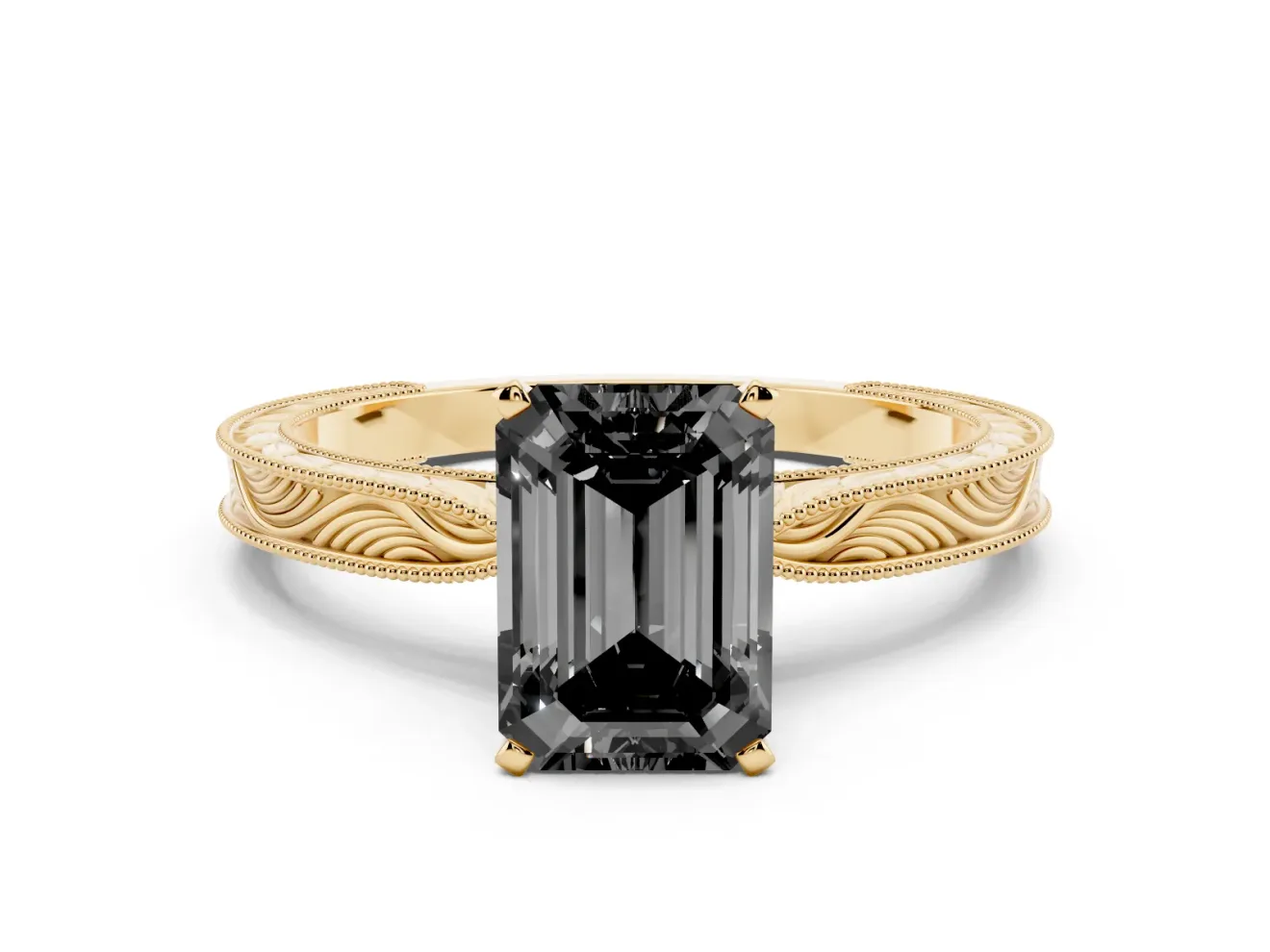 Emerald Cut Engraved Solitaire Engagement Ring Setting for a Black Center | Yellow Gold
