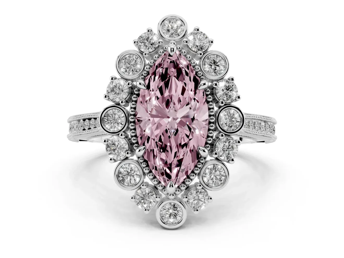 Fancy Pink Marquise Cut Diamond Halo Milgrain Pavé Ring Set in White gold with Prong Setting
