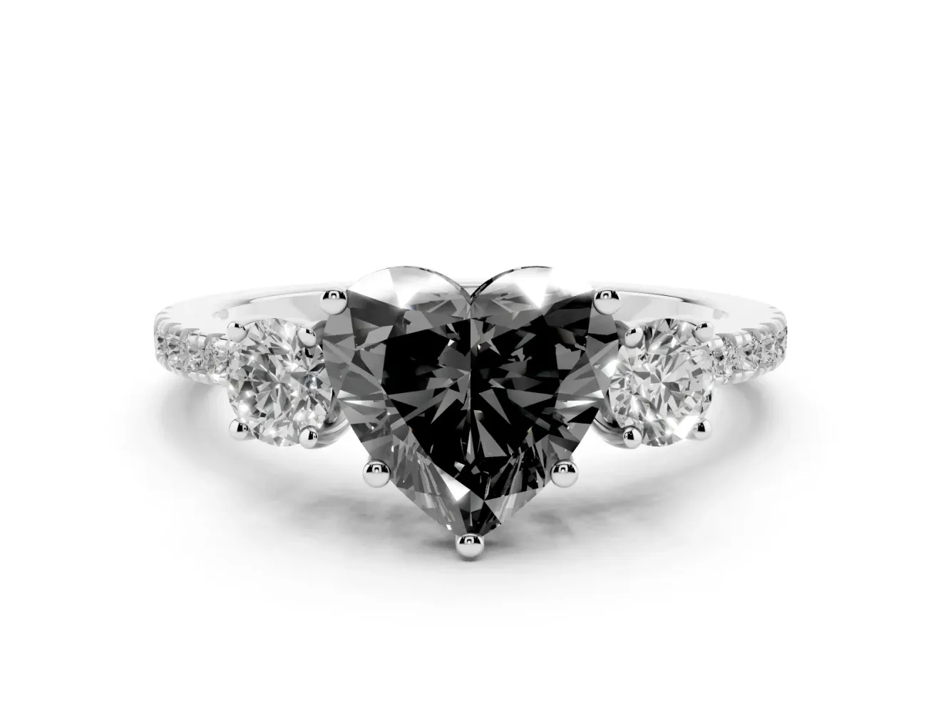 Heart-Shaped Three Stone Engagement Ring Setting for a Black Center | Pavé Shoulders | Sterling Silver