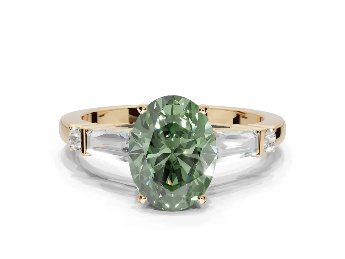 Oval Tapered Baguette Engagement Ring Setting for a Fancy Green Lab-Grown Diamond | Yellow Gold