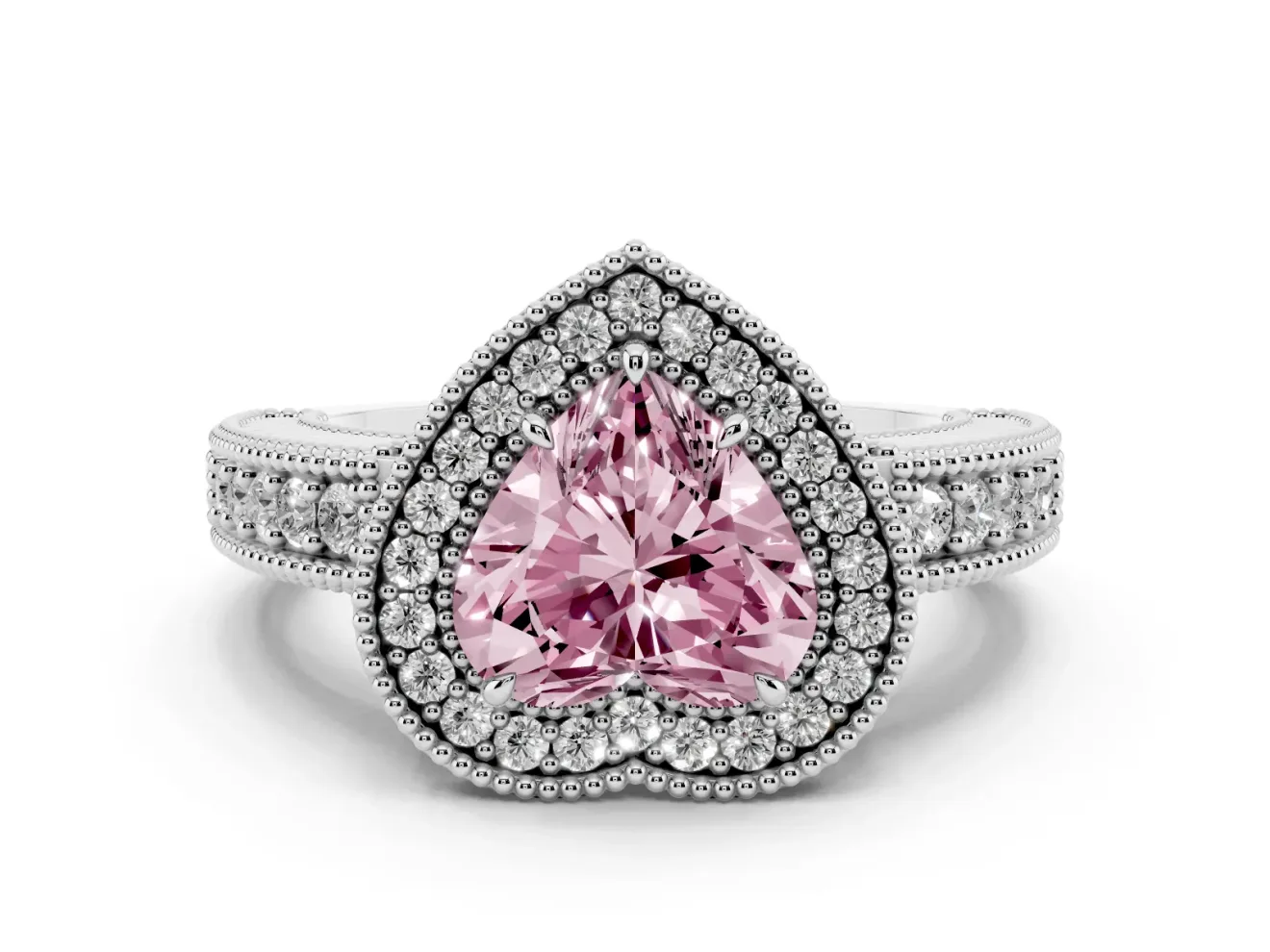 Fancy Pink Heart Cut Diamond Halo Ring Set in White gold with Round Accent Halo, Pavé Band and Prong Setting
