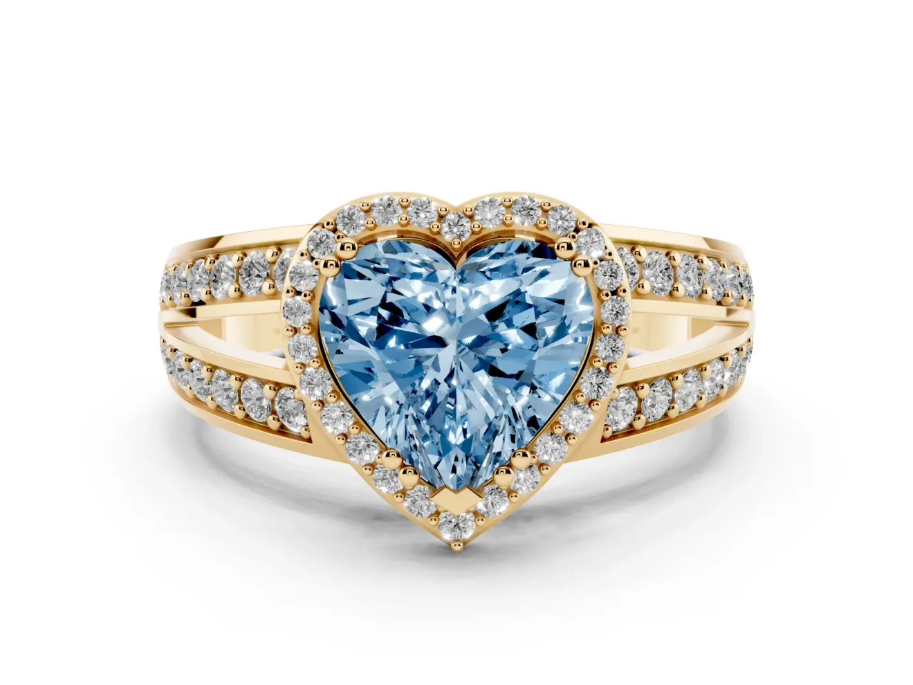 Fancy Blue Heart Cut Diamond Halo Ring Set in Yellow gold with Double Pavé Split Shank